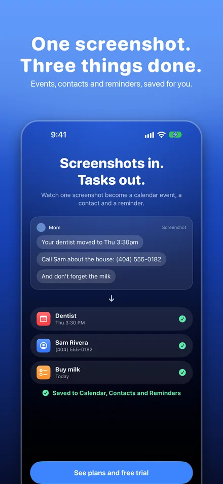 One screenshot becomes a calendar event, a contact and a reminder