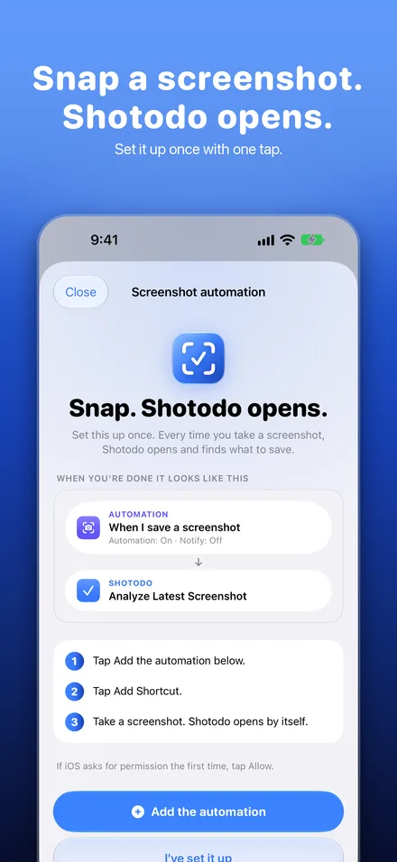 Set up once so Shotodo opens every time you take a screenshot