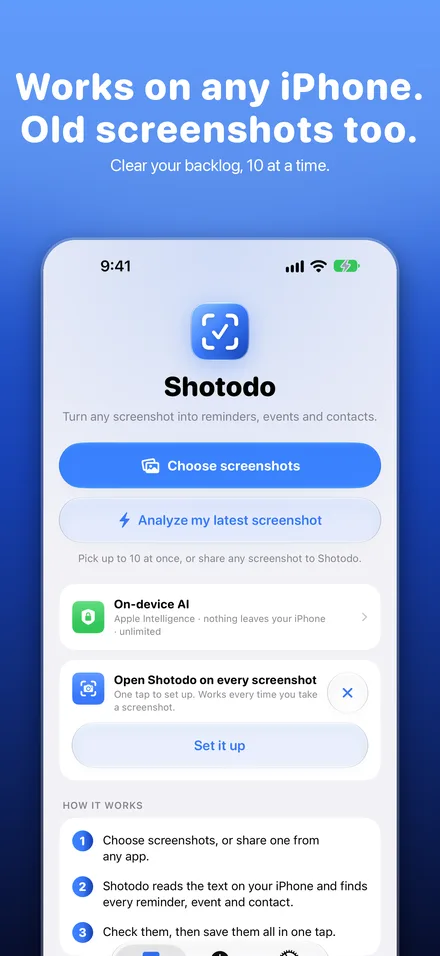 The home screen with Choose screenshots and Analyze my latest screenshot